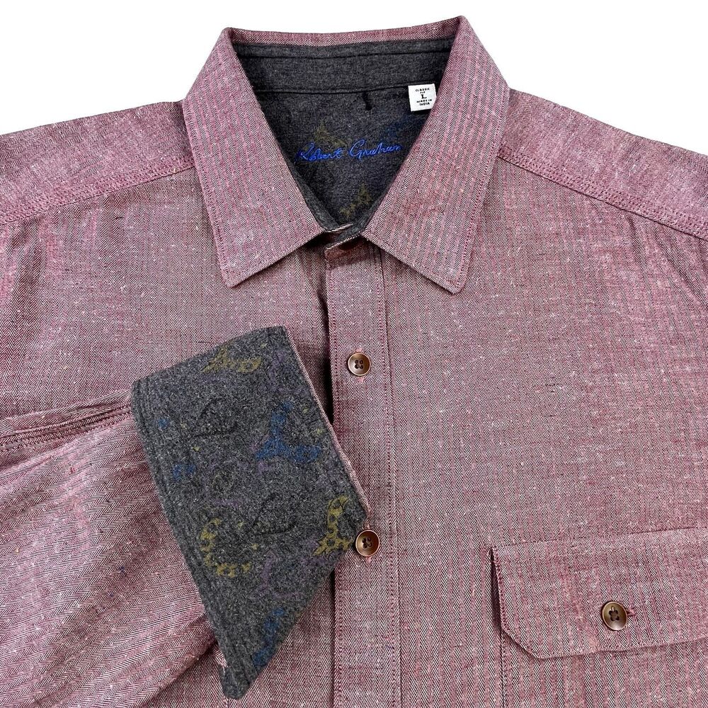 Robert Graham Shirt Men’s L Red Herringbone Floral Flip Cuff Long Sleeve